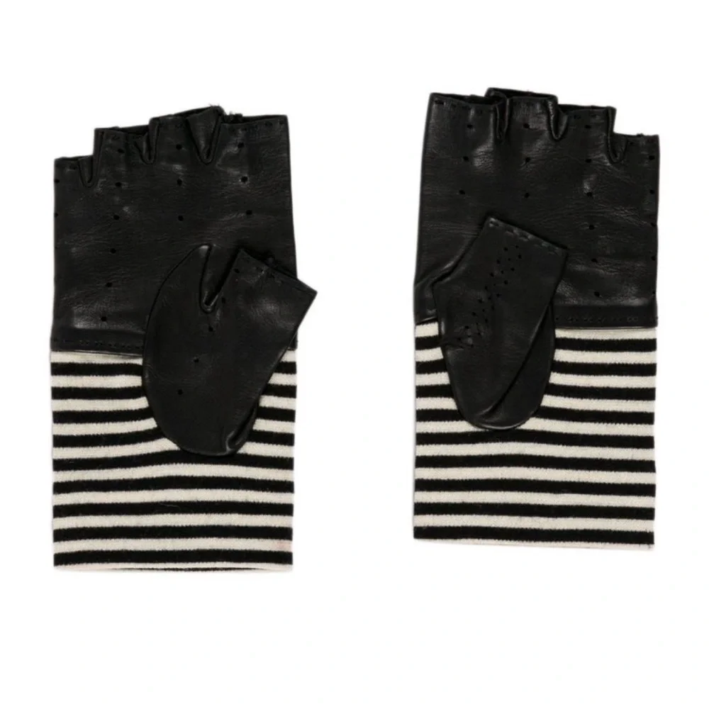 CHANEL Black and White Striped Fingerless Gloves EUC